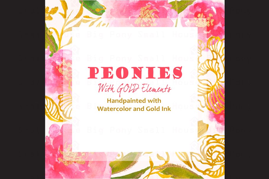 金箔风格牡丹插画 Peonies with Gold Ink插图(2)