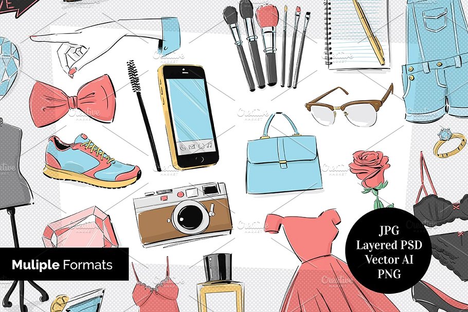 时尚潮流图标和道具剪贴画 Fashion Icons and Props Clip Art插图(3)