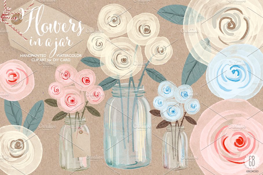 奶油玫瑰梅森罐水彩剪贴画 Watercolor cream roses mason jar插图