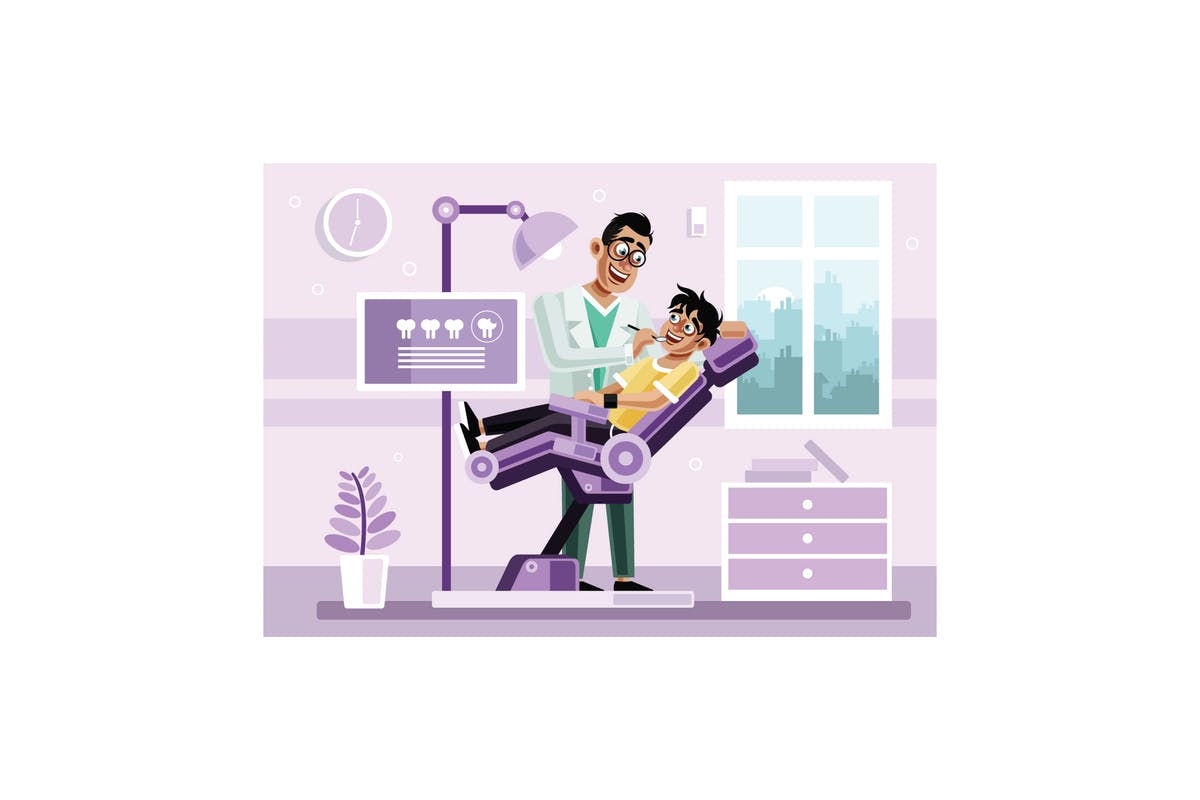 牙科诊所矢量插画设计素材 Child’s dentist is examining the patient’s teeth插图
