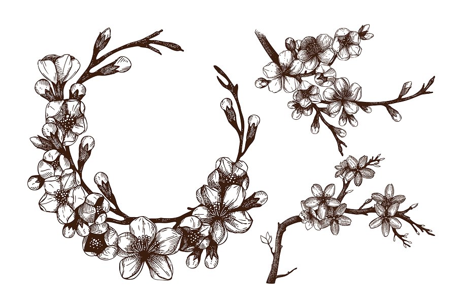 墨水手绘烘焙樱桃甜点矢量插图合集 Cherry Desserts & Baking Set插图(2)