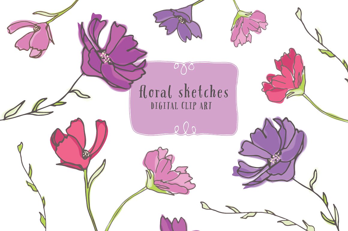 花卉草图花饰剪贴画 Floral Sketches – Floral Clip Art插图