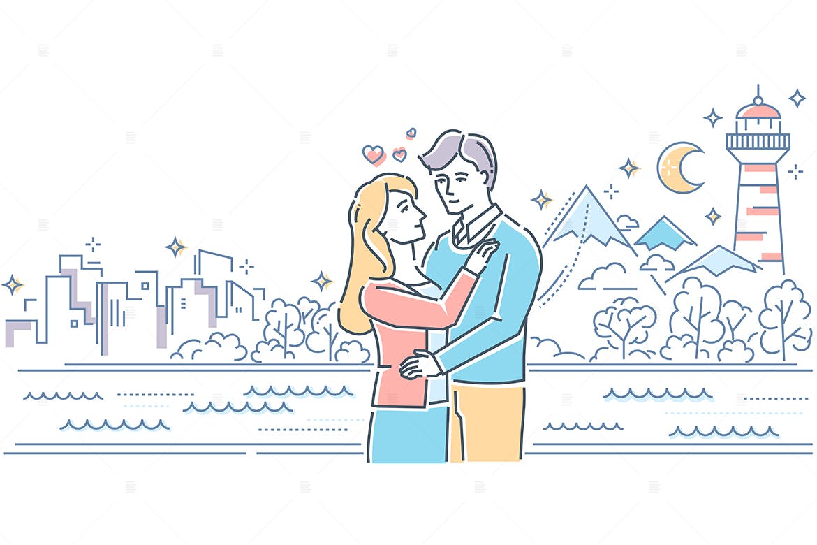 线条设计风格浪漫约会爱情主题矢量插画素材库精选 Romantic date – line design style illustration插图(1)