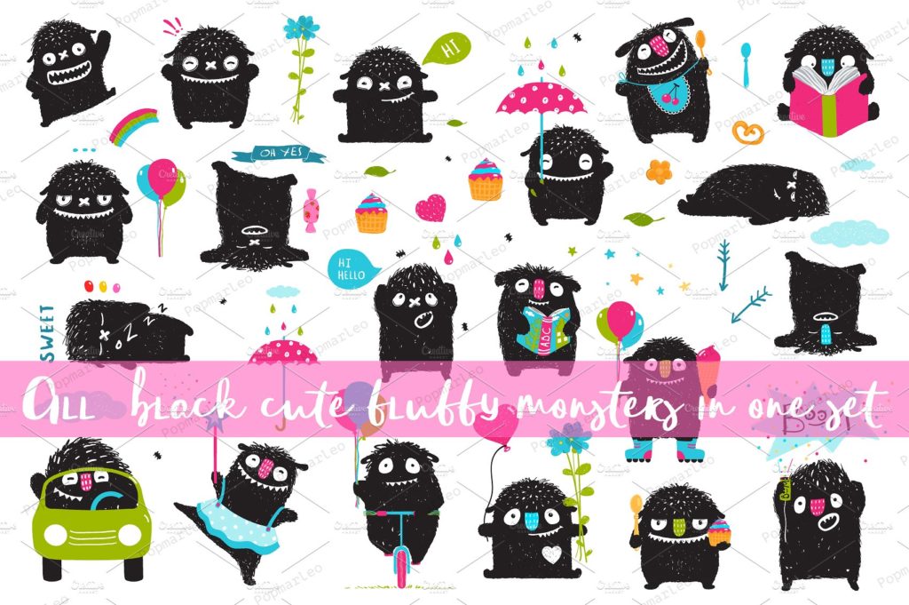 一组可爱的手绘小怪物矢量素材打包下载[eps,png,jpg]插图