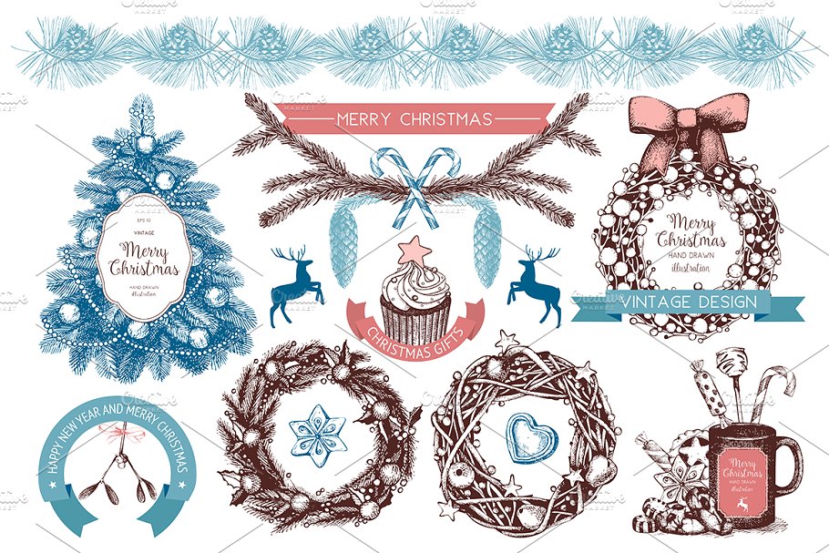 复古圣诞节装饰元素插画套装 Vintage Christmas Illustrations Set插图(2)