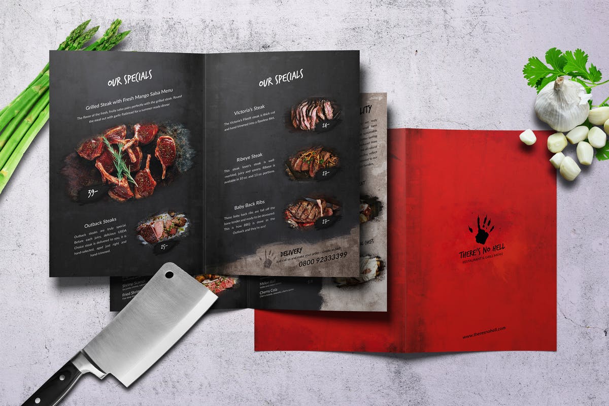 对折页食谱菜单暗黑料理模板 There’s no Hell Bifold A4 & US Letter Menu插图