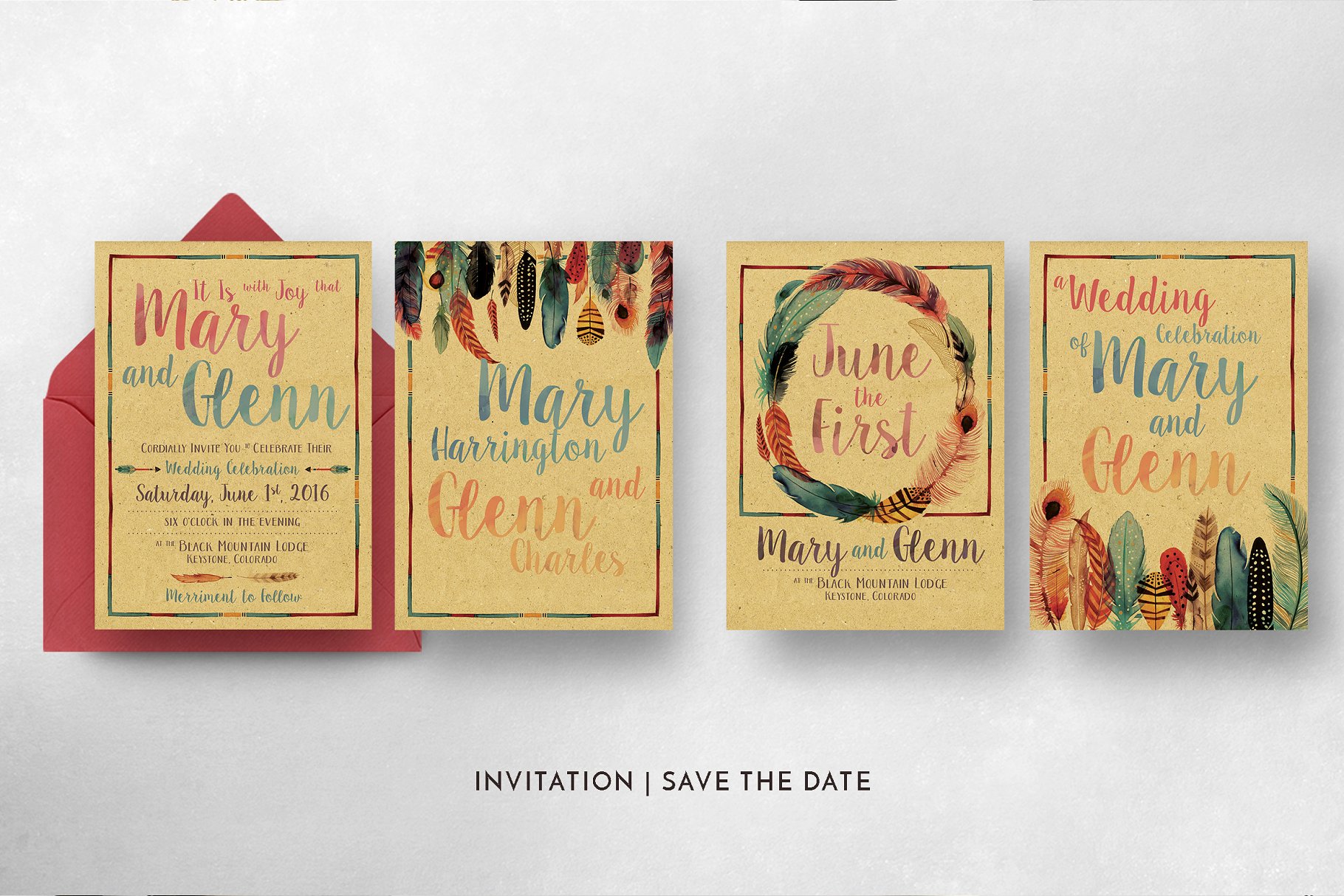 羽毛水彩婚纱邀请卡模板 Feather Watercolor Wedding Suite插图(4)