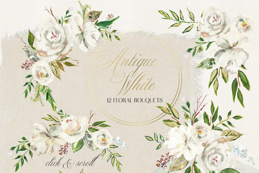 复古白色手绘花卉设计素材 Antique White Hand Painted Flowers插图(1)