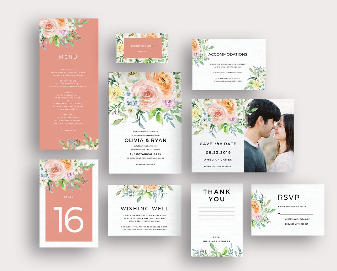 彩色水彩花卉婚礼邀请函模板集 Pastel watercolor floral invitation插图
