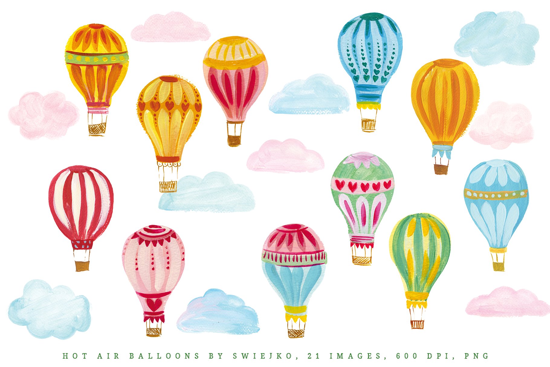 亚克力手绘小清新热气球插图 Hot Air Balloons clipart set插图(1)