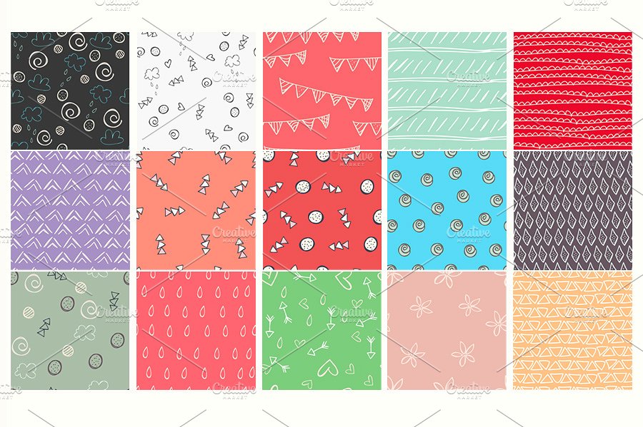 可爱卡通暖色调涂鸦无缝纹理 Doodles Seamless Patterns插图(2)