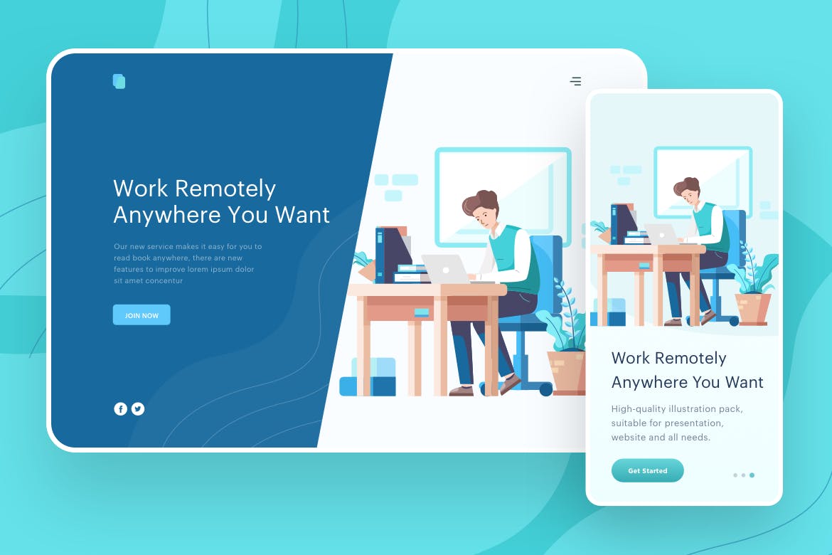 远程办公主题网站矢量插画设计素材 Work Remotely Anywhere – Website Header插图(1)