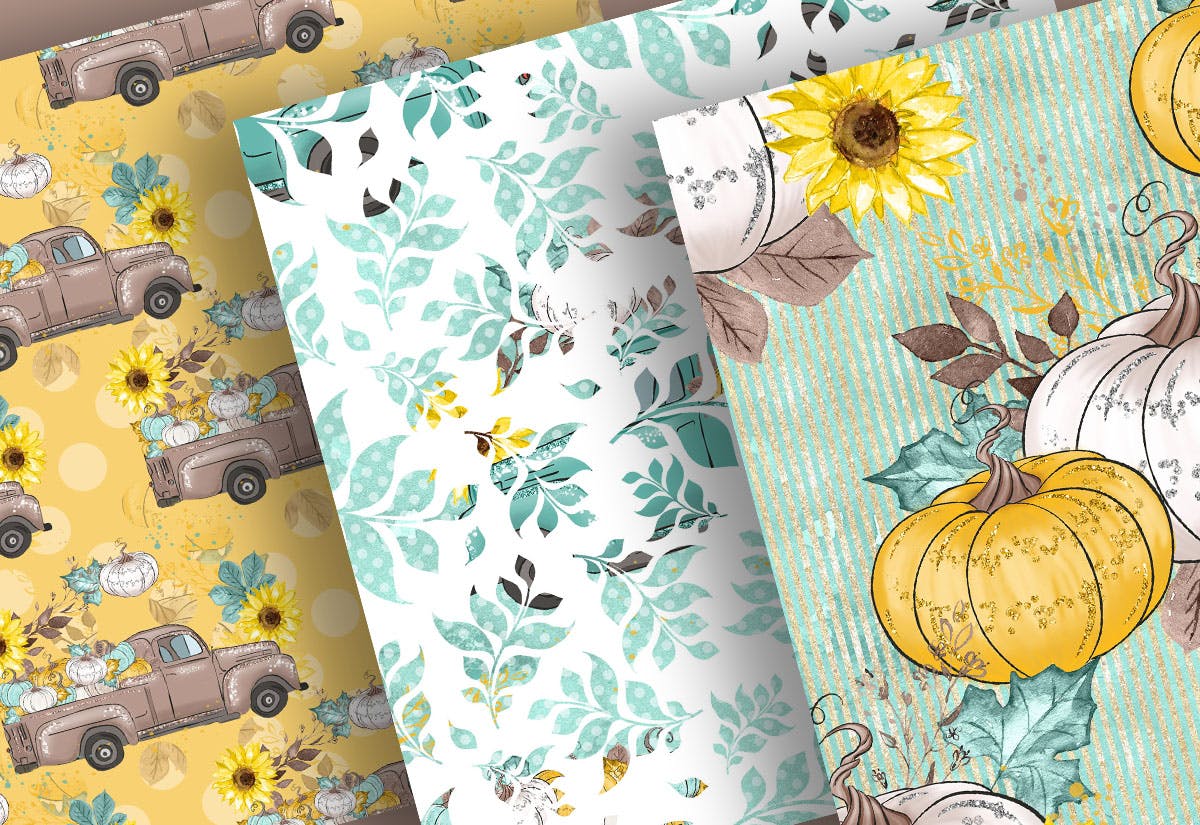 感恩节节日主题手绘南瓜卡车数码纸张图案素材 Thanksgiving car digital paper pack插图(4)