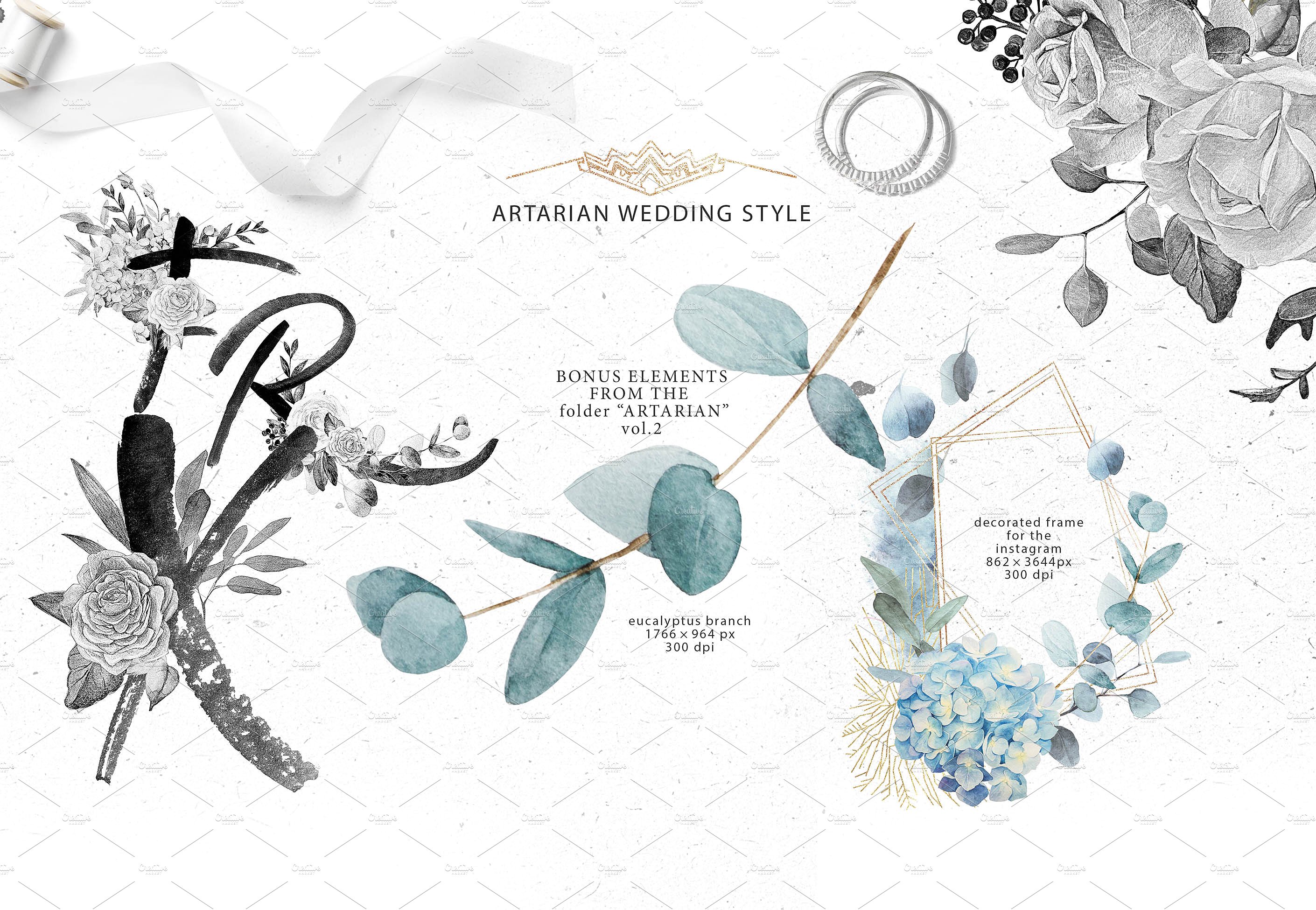 灰色字母&花卉水彩套装 Monograms & bouquets vol.1 Artarian插图(4)