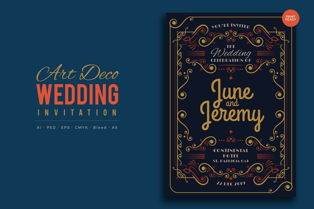复古艺术婚礼邀请函PSD设计模板v8 Art Deco Wedding Invitation PSD And Vector Vol.8插图