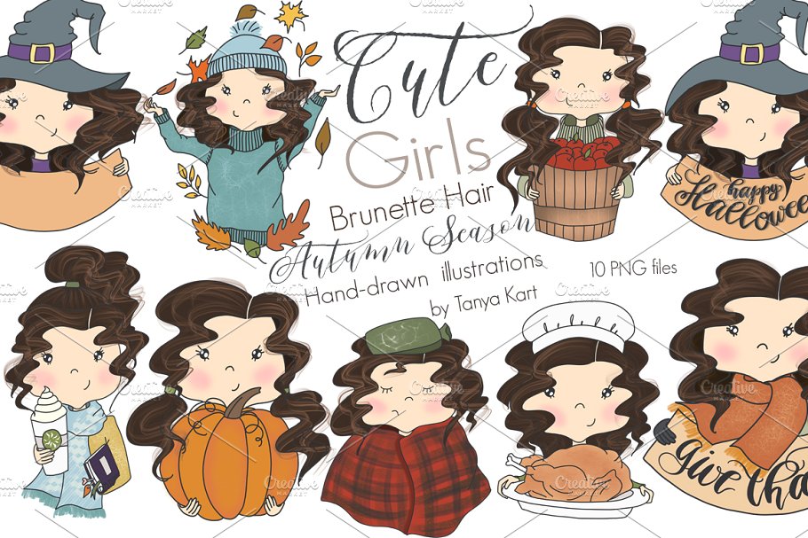 4套卡通可爱女孩矢量插画 Collection of 4 Sets Cute Girls插图(4)