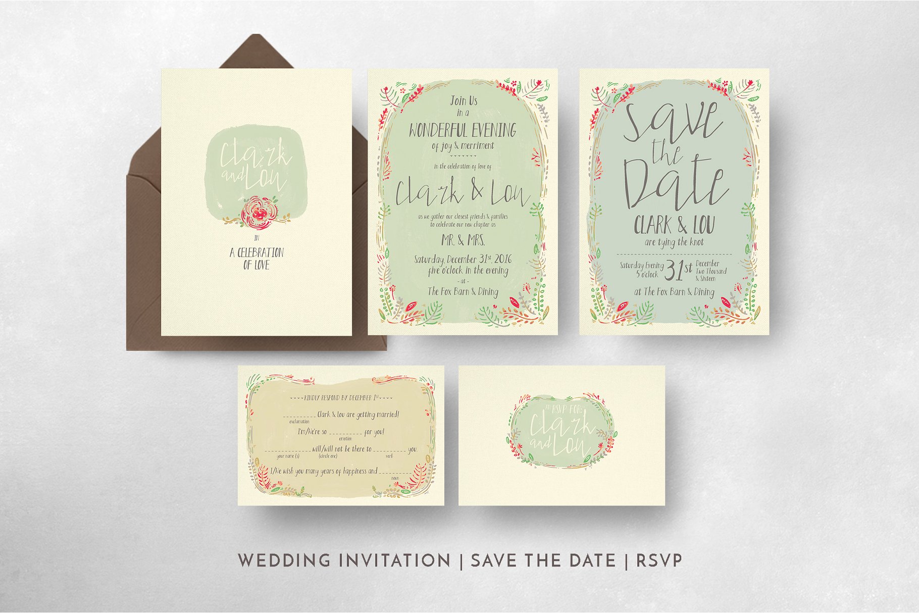 花环装饰风格婚礼邀请函设计素材 Wreath Illustration Wedding Suite插图(4)