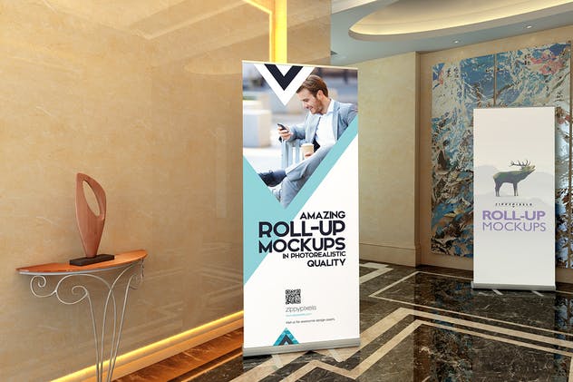 高端大厦场景易拉宝广告Banner样机模板 Roll-up Banner Mockup PSD插图(3)