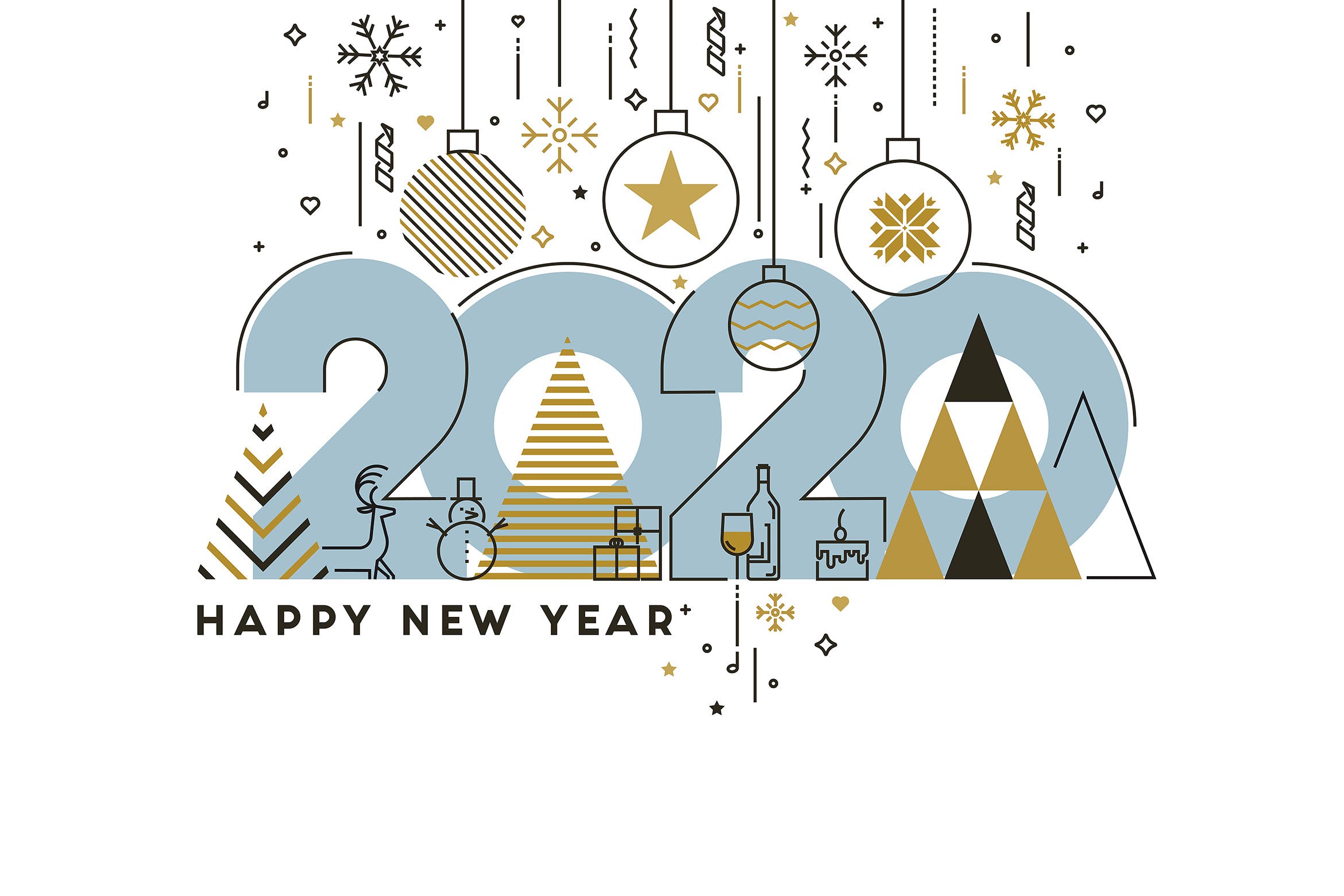 扁平设计风格彩色线条新年庆祝主题概念插画素材 Flat Thin Color Line Concept of Happy New Year插图