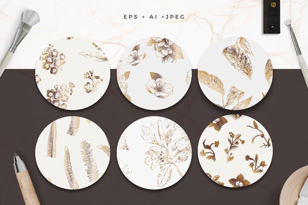 12款优雅金色花朵手绘图案素材 Golden Flower Patterns Collection插图(2)