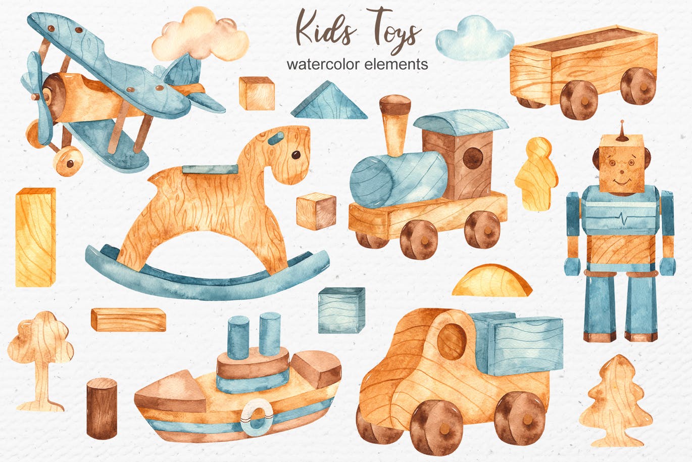 儿童玩具水彩画剪贴画/卡片/图案素材包 Watercolor kids toys. Clipart, cards, patterns插图(1)