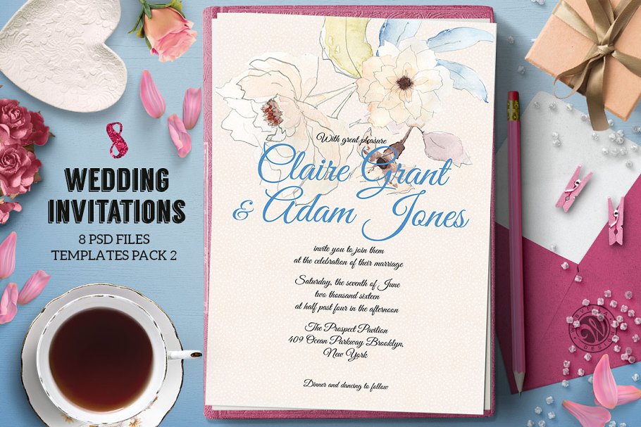 8款粉色少女元素婚礼邀请函模板 8 Wedding Invitations Pack 2插图(7)