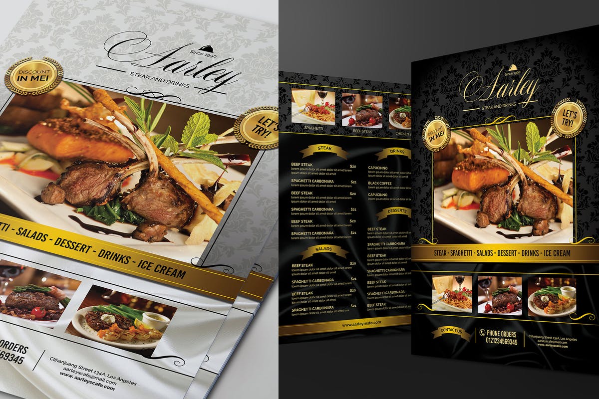 极简主义黑白设计风格西餐厅菜单模板 Elegant Black & White Restaurant Menu插图