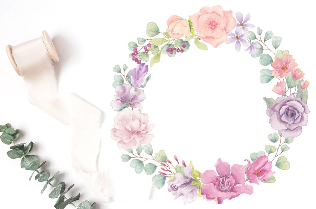 柔和色调水彩花环剪贴画素材库精选PNG素材 Three Watercolor Wreaths in Pastel Shades插图(3)