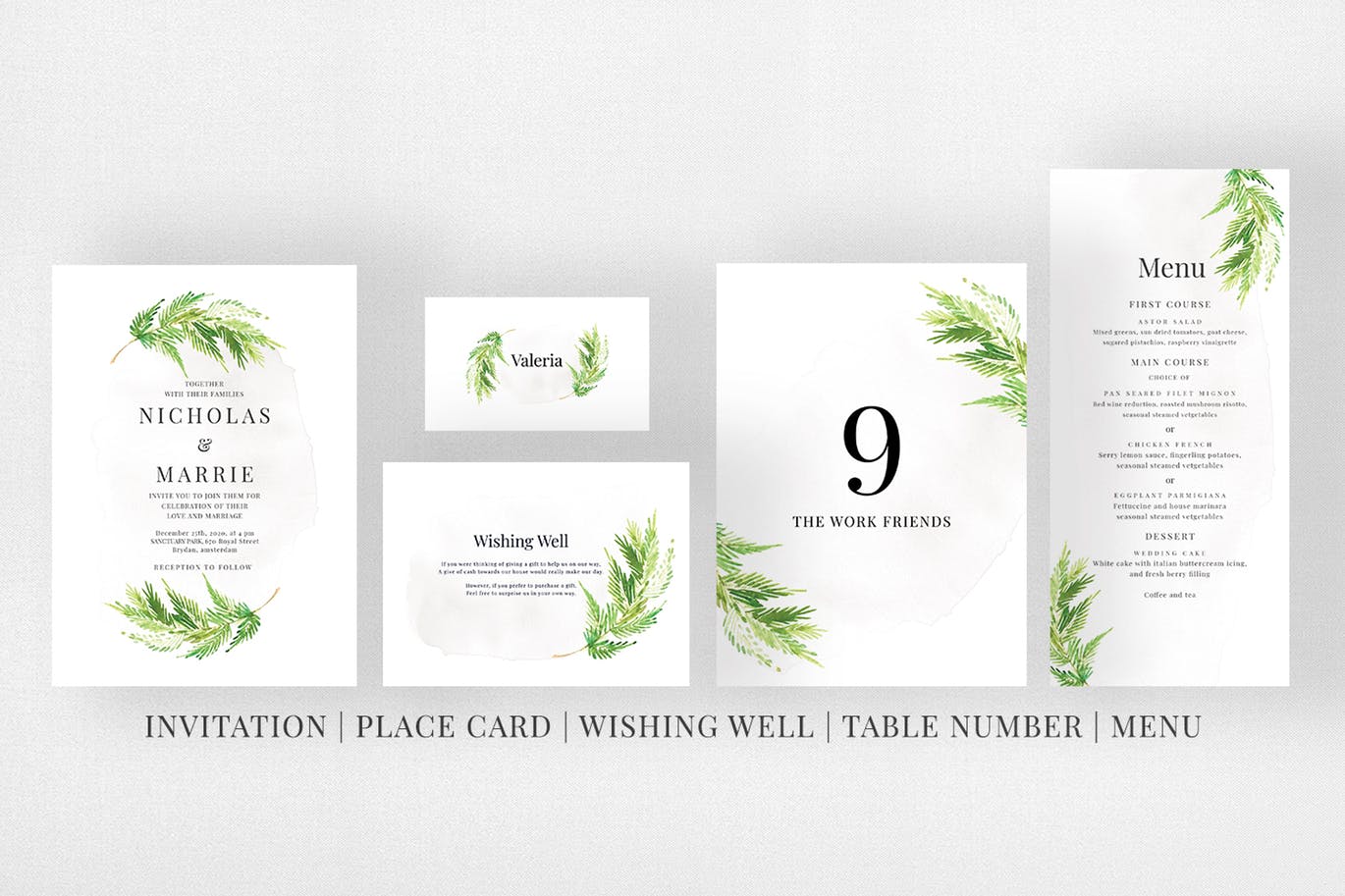 水彩叶子手绘图案婚礼邀请设计套件 Watercolor Leaf Wedding Suite插图(5)