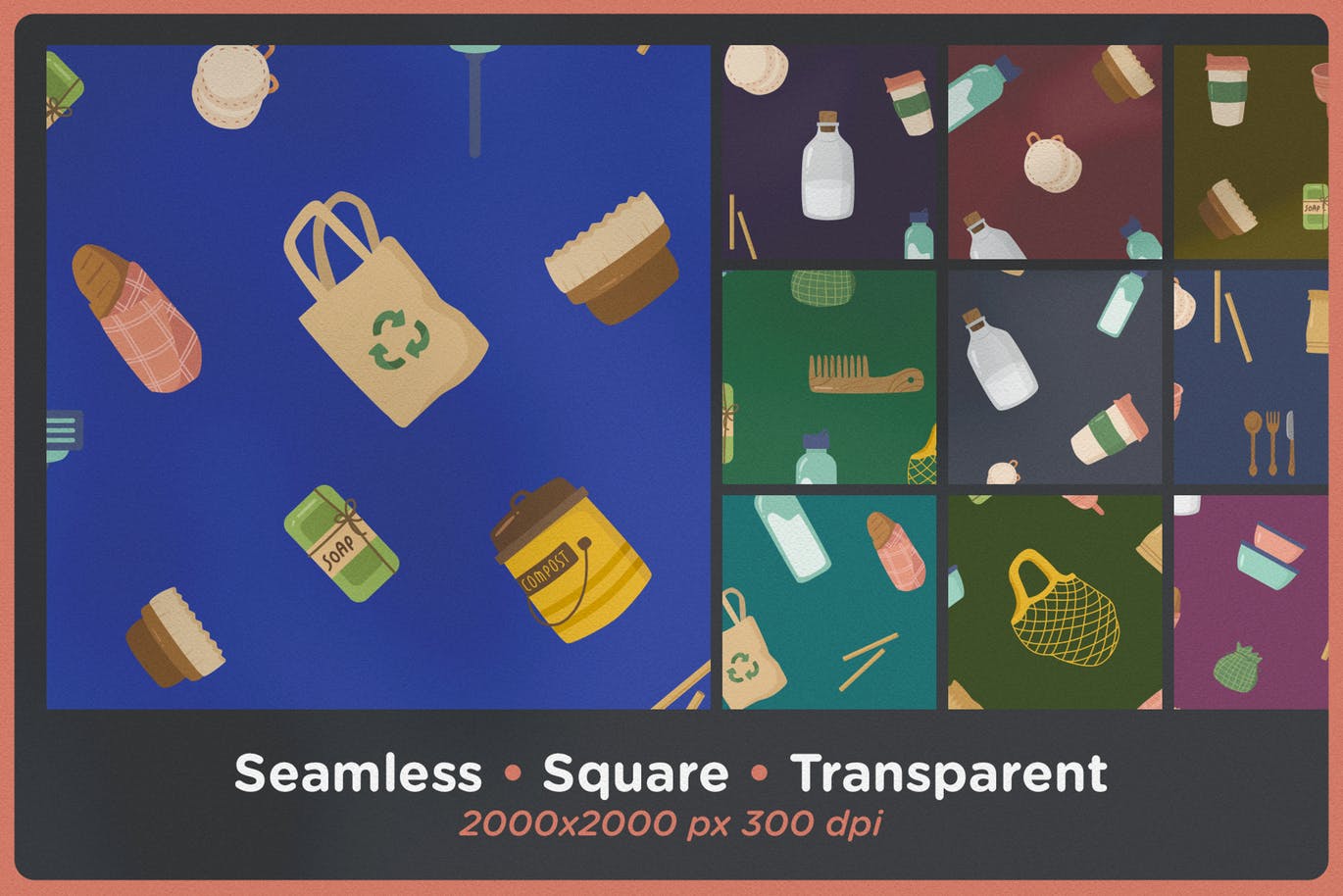 环保餐具环保主义主题无缝图案背景素材库精选 Zero Waste Seamless Patterns插图(1)