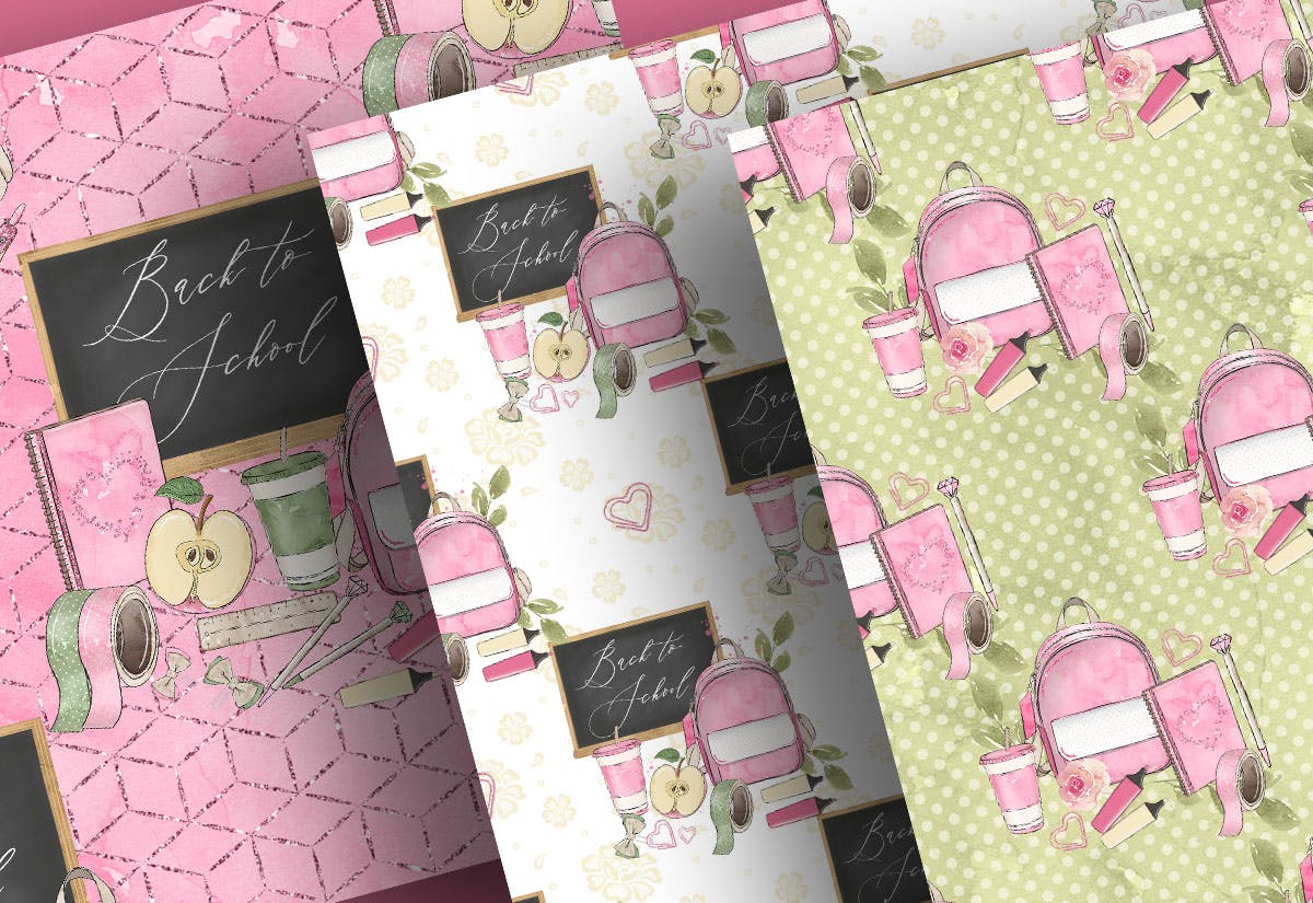 开学主题水彩手绘图案设计素材 Back to School digital paper pack插图(4)