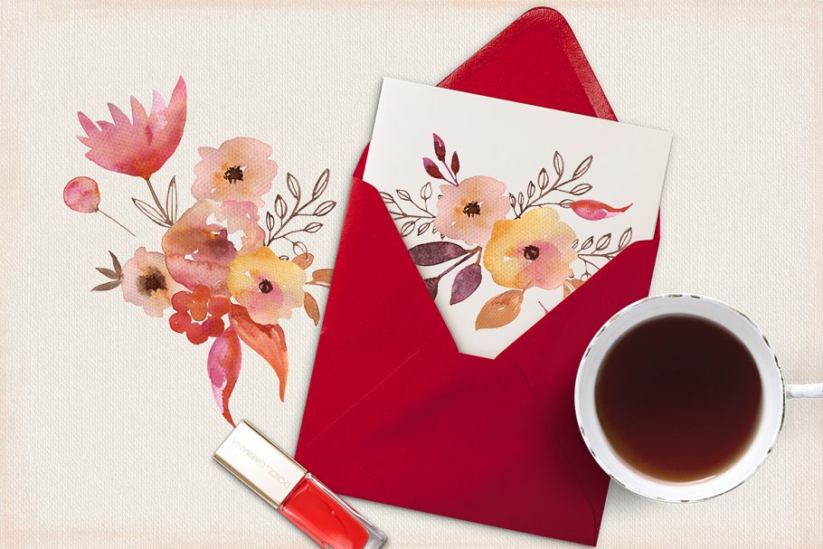 暖色系水彩花卉剪贴画 Warm Flowers插图(1)