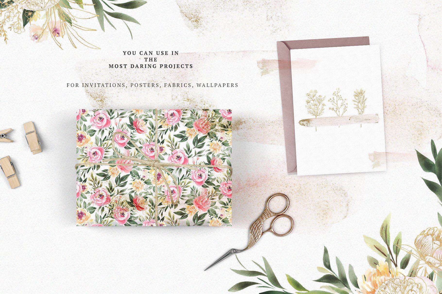 水彩画牡丹与黄金插画元素合计 Watercolor Peony & Gold插图(5)