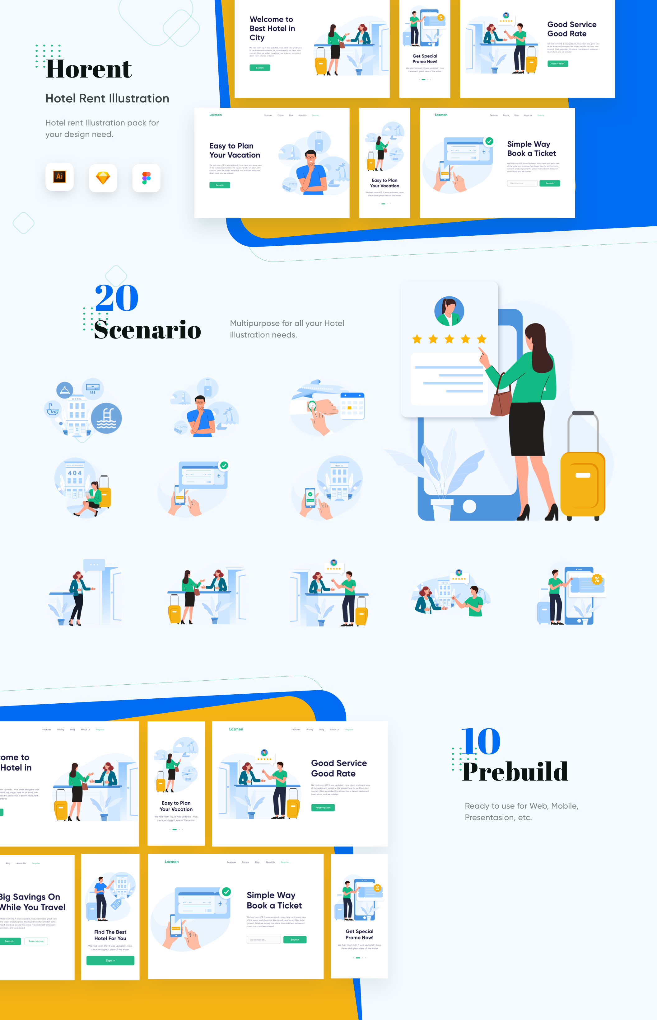 素材库下午茶：酒店入住预订主题网站设计矢量场景插画素材插图