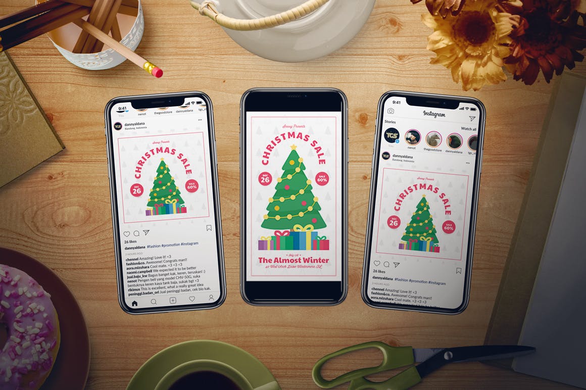 圣诞树背景圣诞节促销活动海报传单模板 Christmas Sale Flyer Set插图(2)