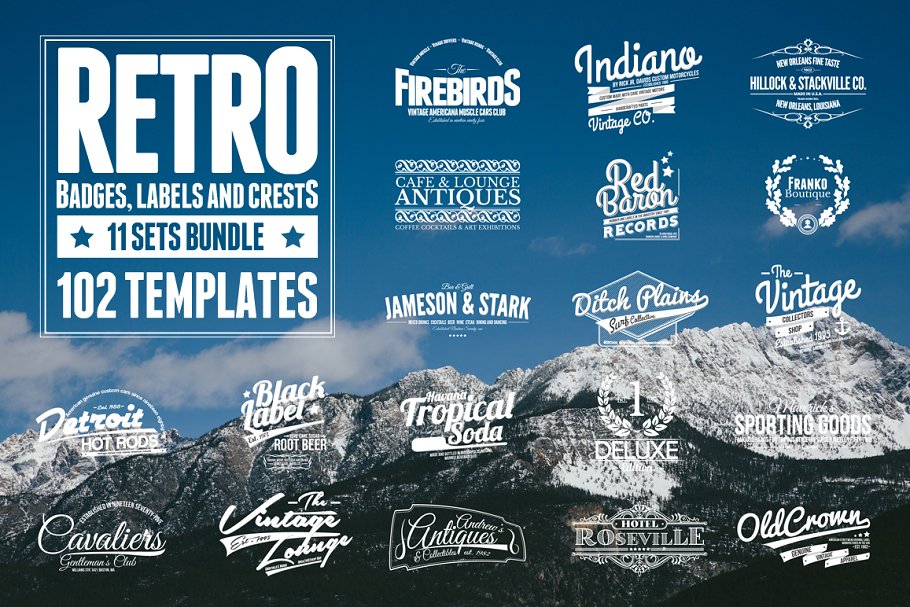 102个复古徽章，标签和Logo模板 102 Retro Badges, Labels and Crests插图
