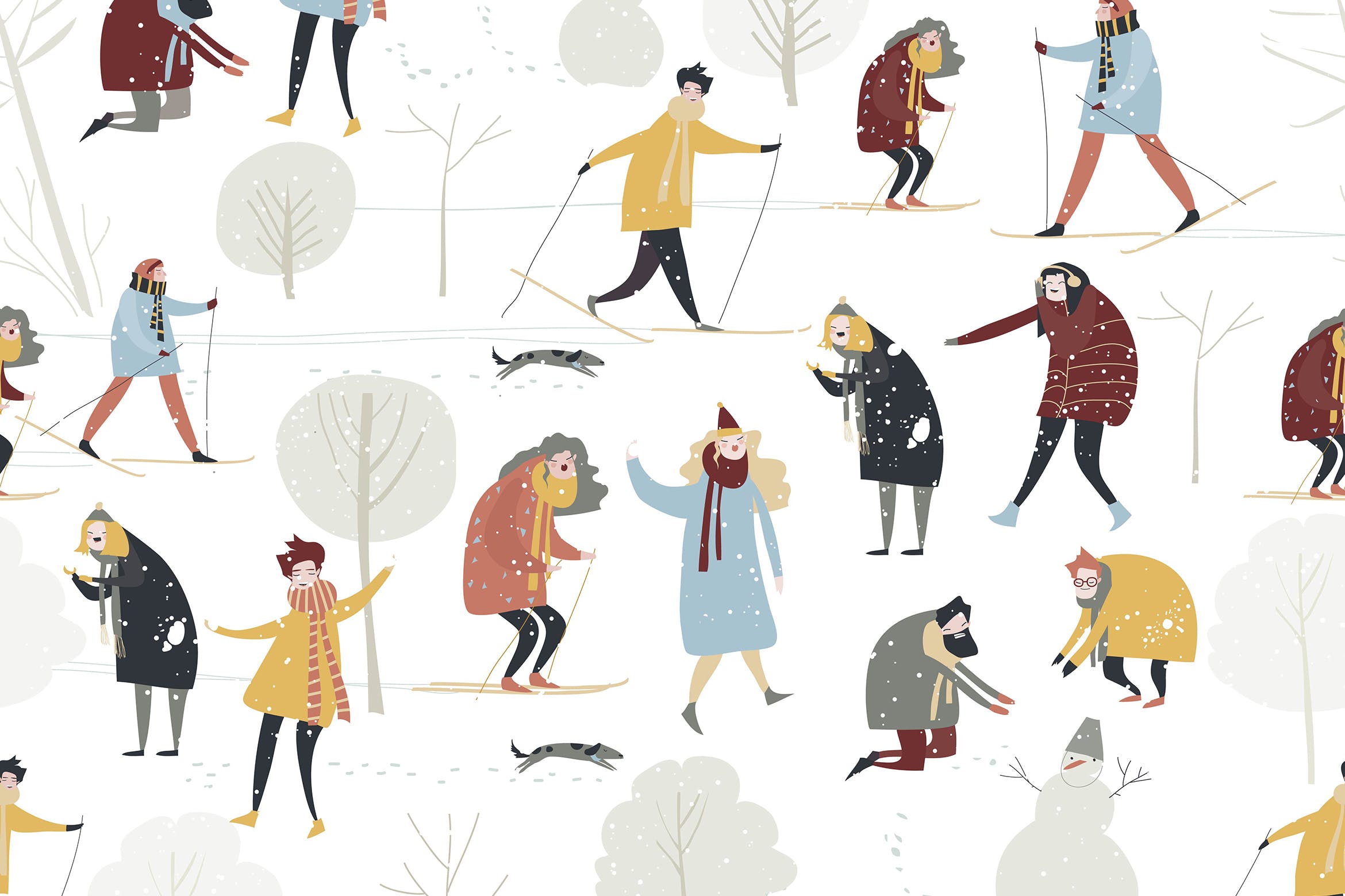 森林滑雪乐园矢量无缝插画素材 Seamless pattern with people enjoying插图