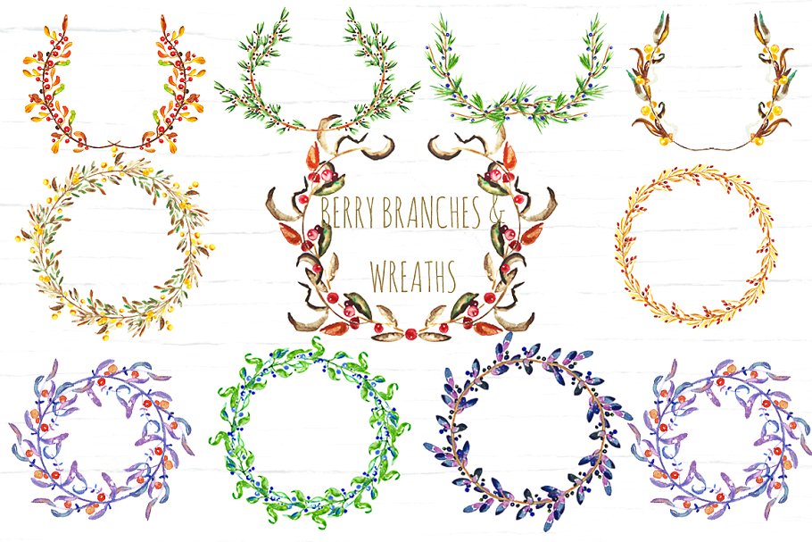 花环与花枝水彩剪贴画 Berry Wreaths and branches clipart插图