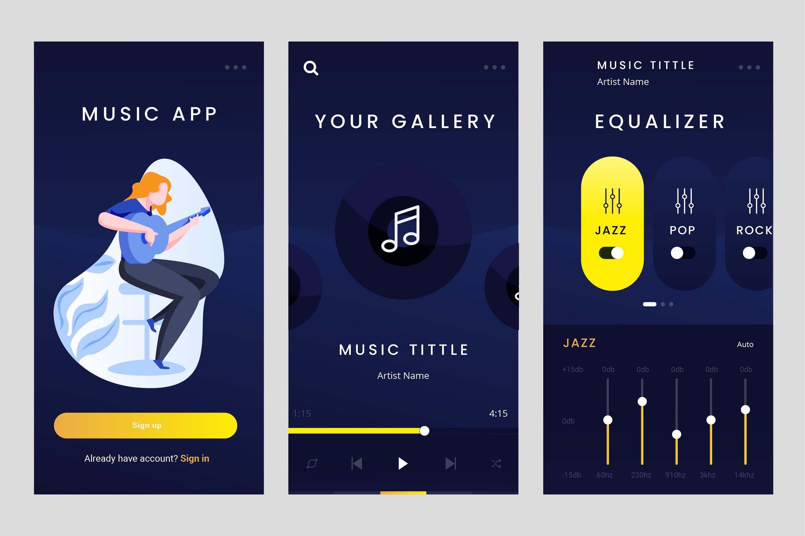 在线听歌APP应用界面设计PSD&AI模板 Mobile Apps Screen For Music Apps PSD and AI插图
