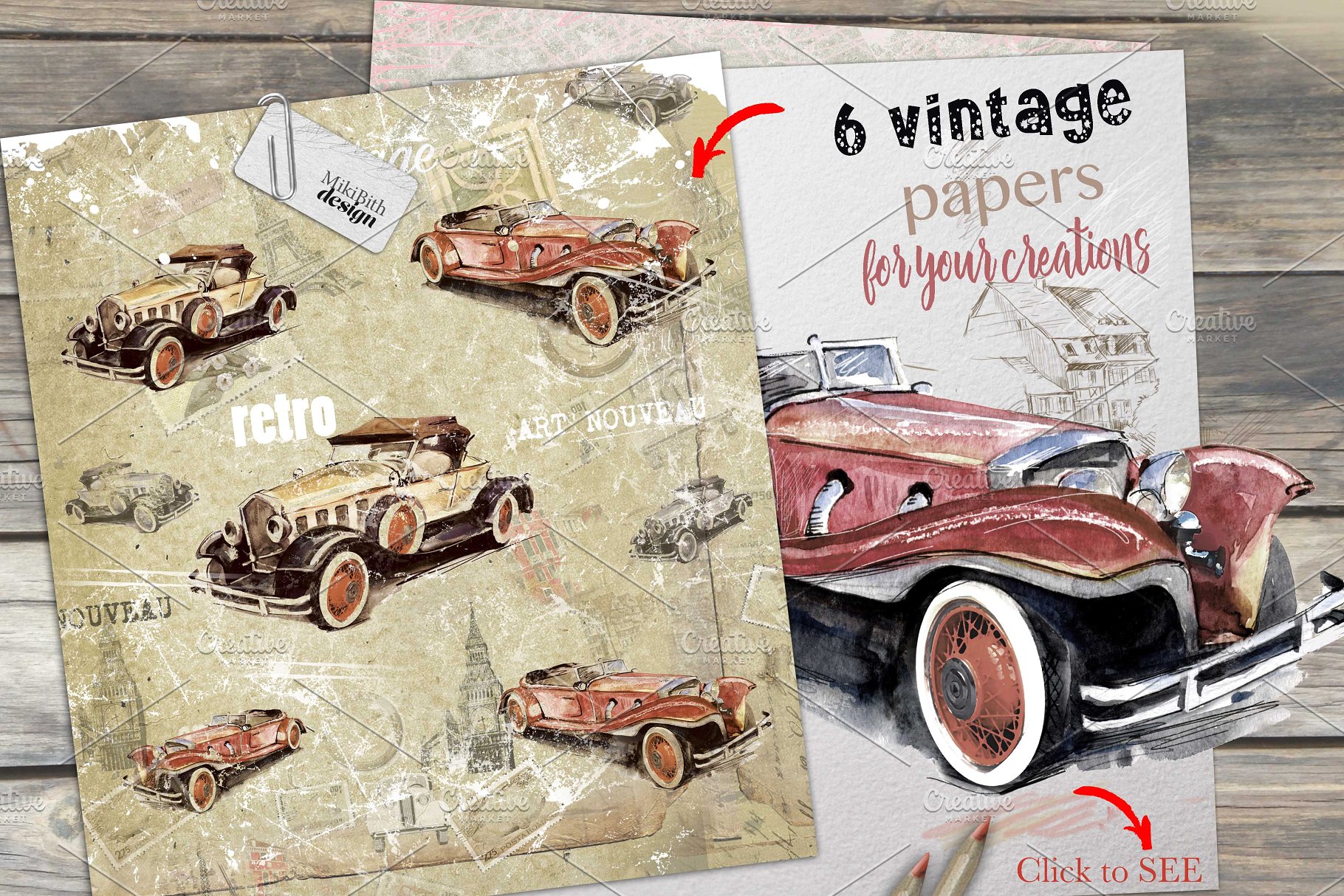 复古小车&城市街道手绘水彩插画 Retro cars & city streets插图(5)