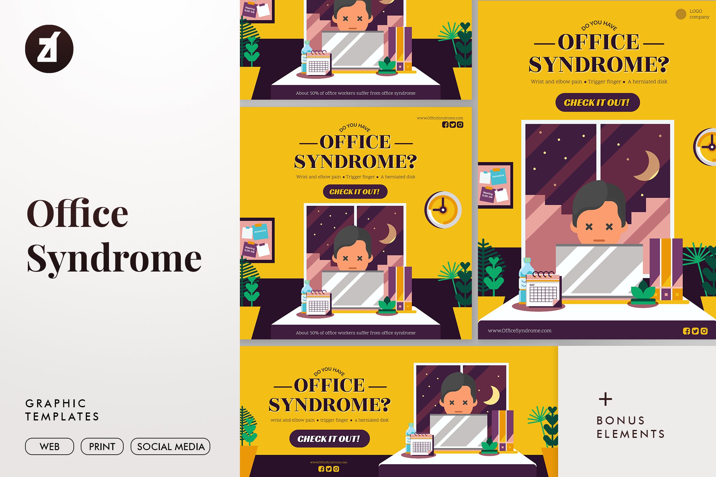 办公室综合症主题矢量插画素材 Office syndrome graphic templates插图
