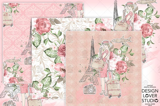 旅行花卉元素剪贴画素材合集 Travel woman digital paper pack插图(3)