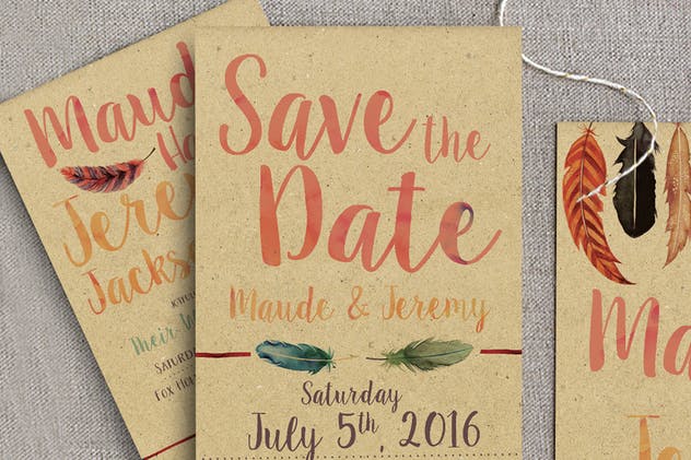 水彩羽毛婚礼邀请函设计PSD模板 Watercolor Feather Wedding Invitation插图(4)