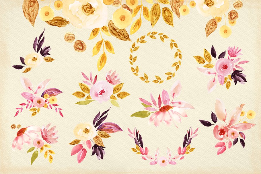 手绘水彩花卉剪贴画 Eclectic floral set插图(4)