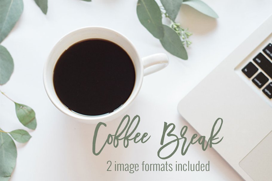 笔记本电脑，咖啡&桉叶场景样机 Coffee, Laptop  & Eucalyptus | Stock插图