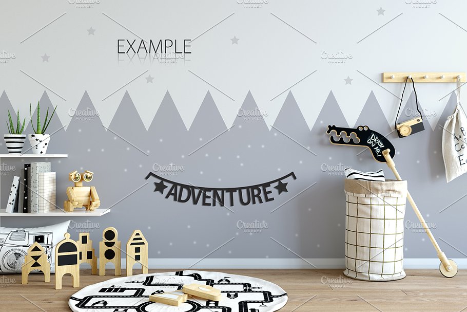 儿童主题卧室墙纸设计&相框样机 Interior KIDS WALL & FRAMES Mockup 2插图(4)