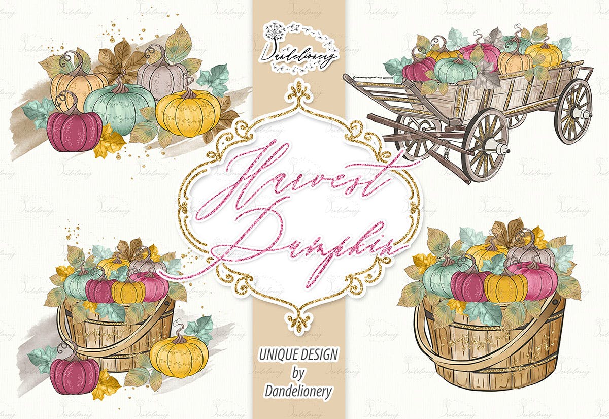 丰收季节秋天农场手绘图案PNG素材 Harvest Pumpkin design插图(1)