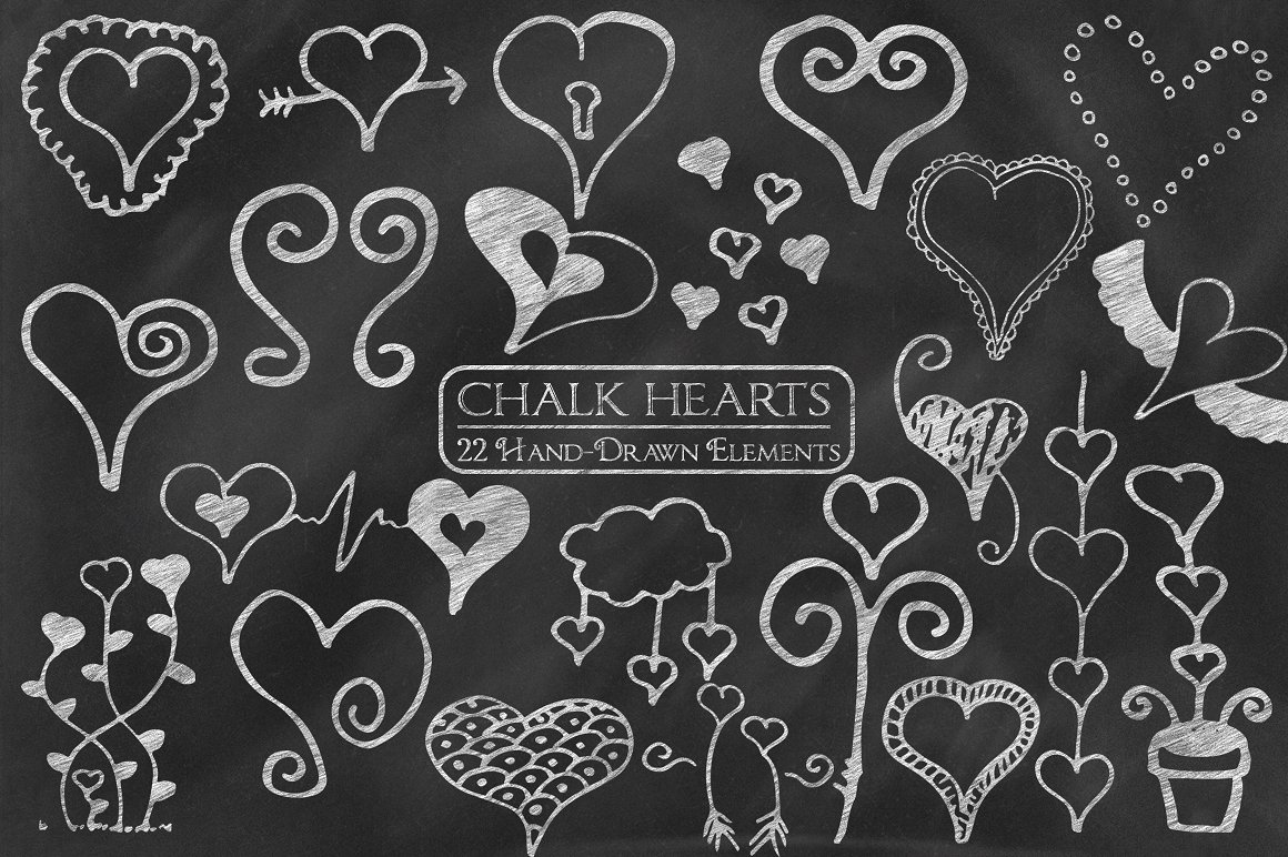 粉笔手绘心型元素剪贴画 Chalk Hearts Hand-Drawn Elements插图