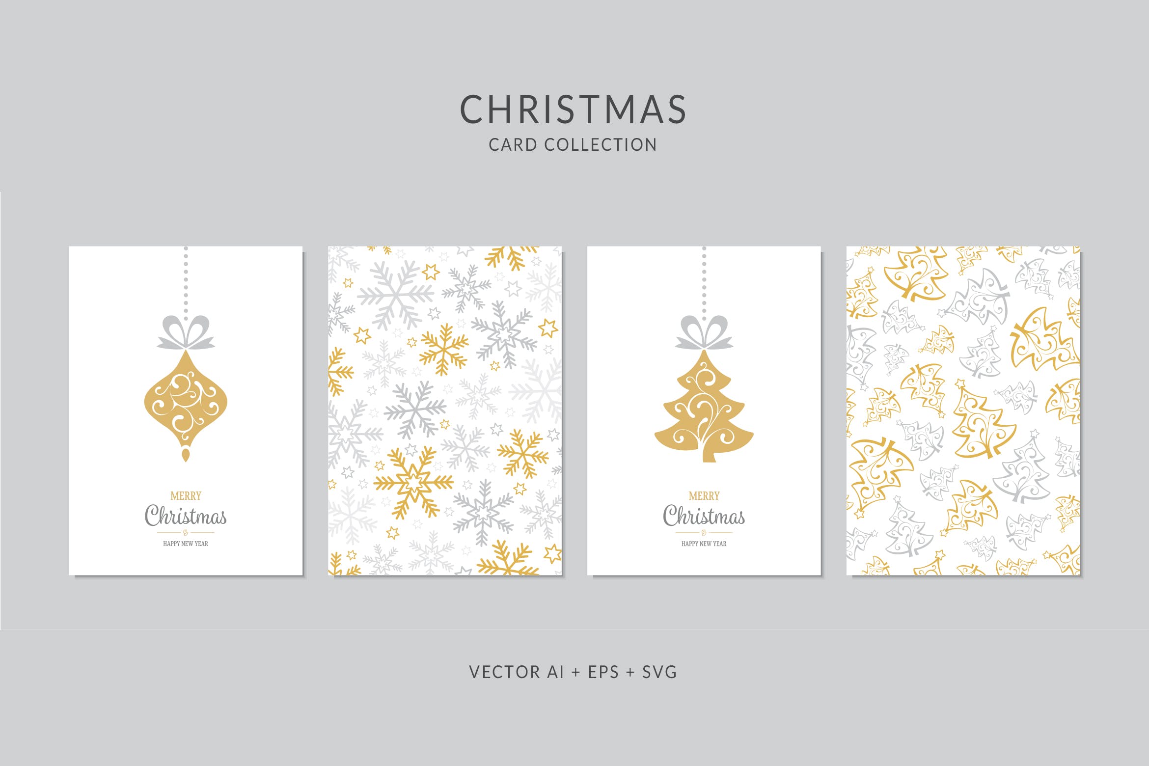圣诞树/雪花/圣诞装饰元素圣诞节贺卡矢量设计模板 Christmas Greeting Card Vector Set插图