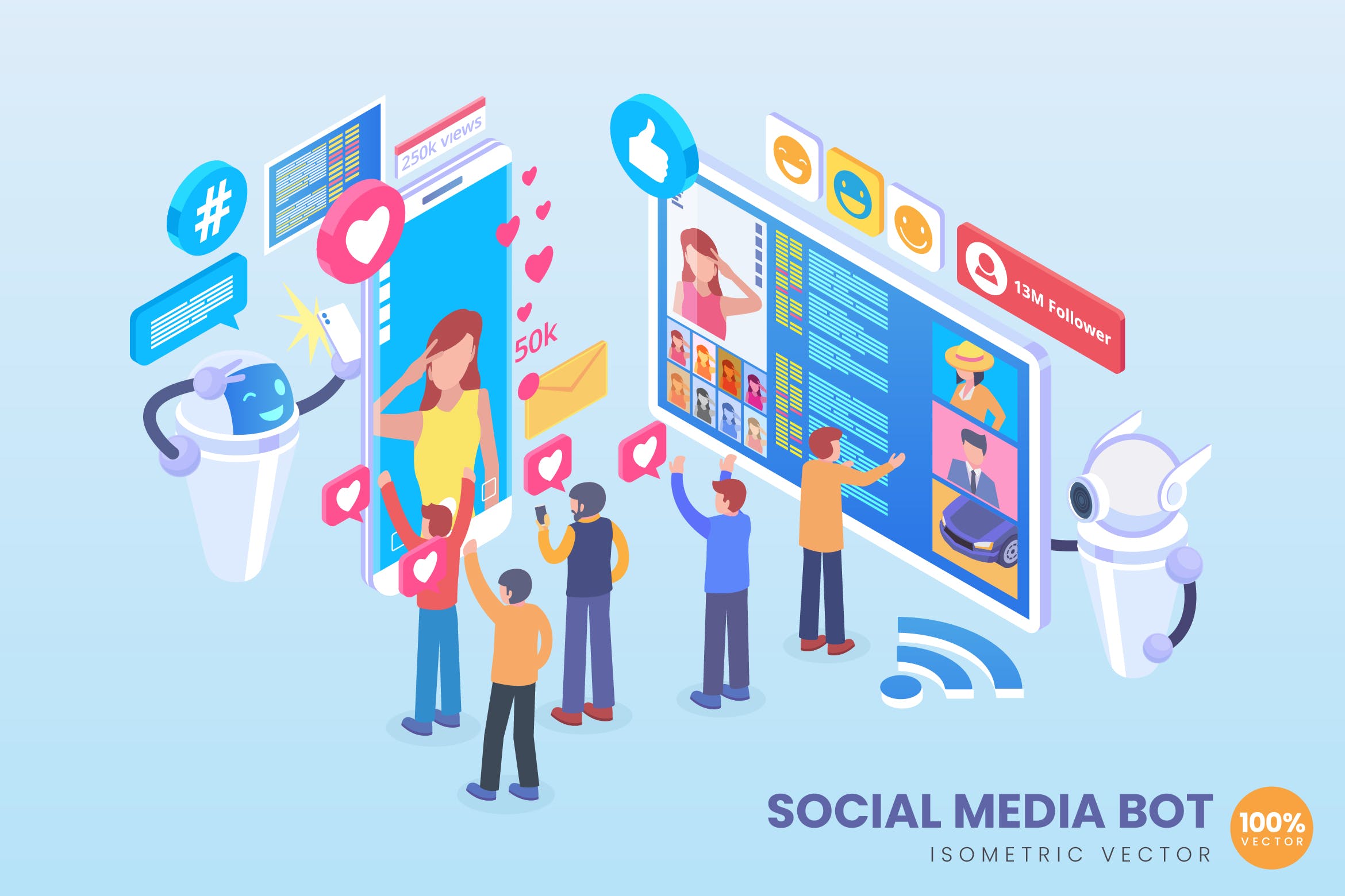 社交媒体机器人社交场景2.5D矢量等距概念插画 Isometric Social Media Bot Vector Concept插图